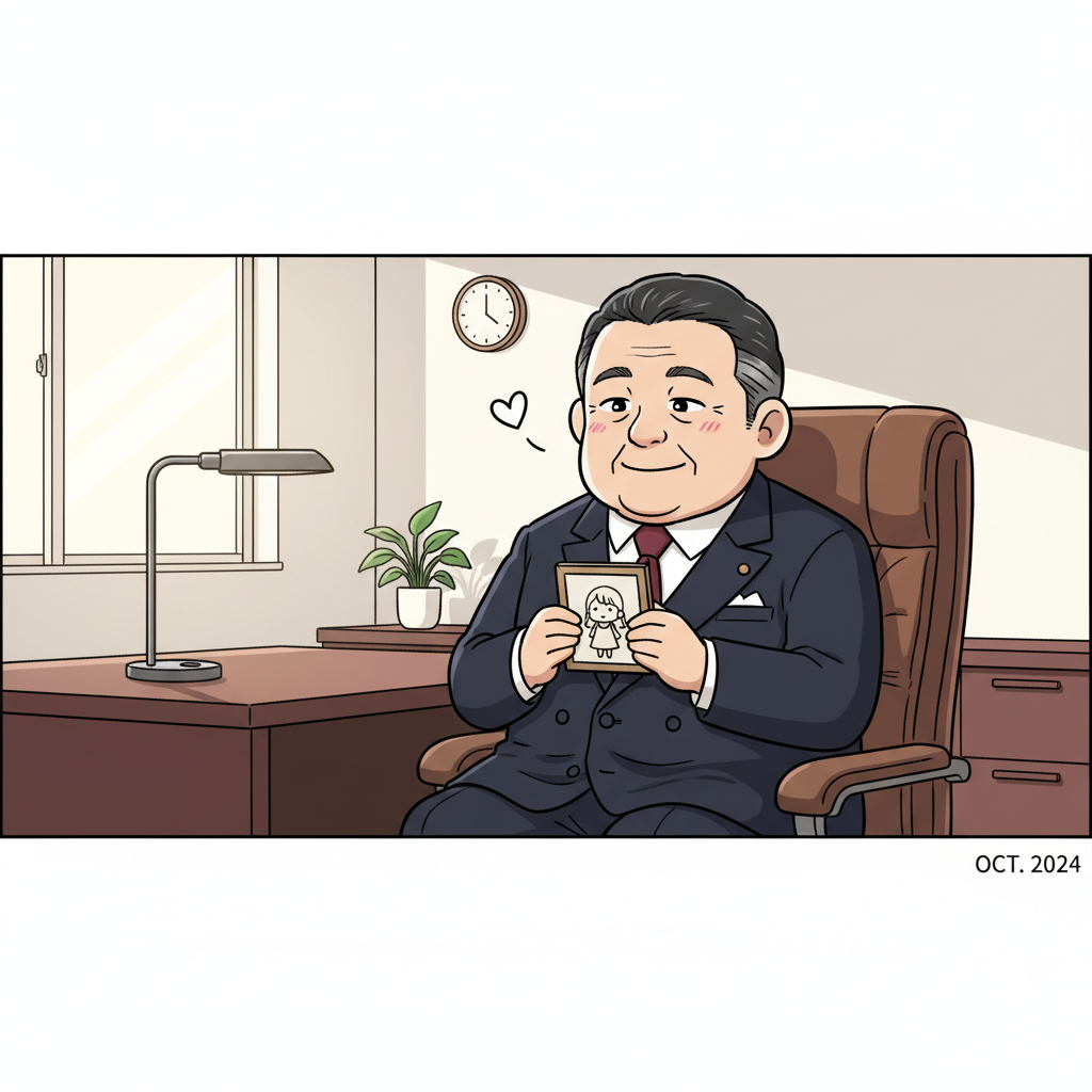 南雲が机の上の家族写真(5歳の孫娘)を温かい眼差しで見つめる、窓から柔らかな光