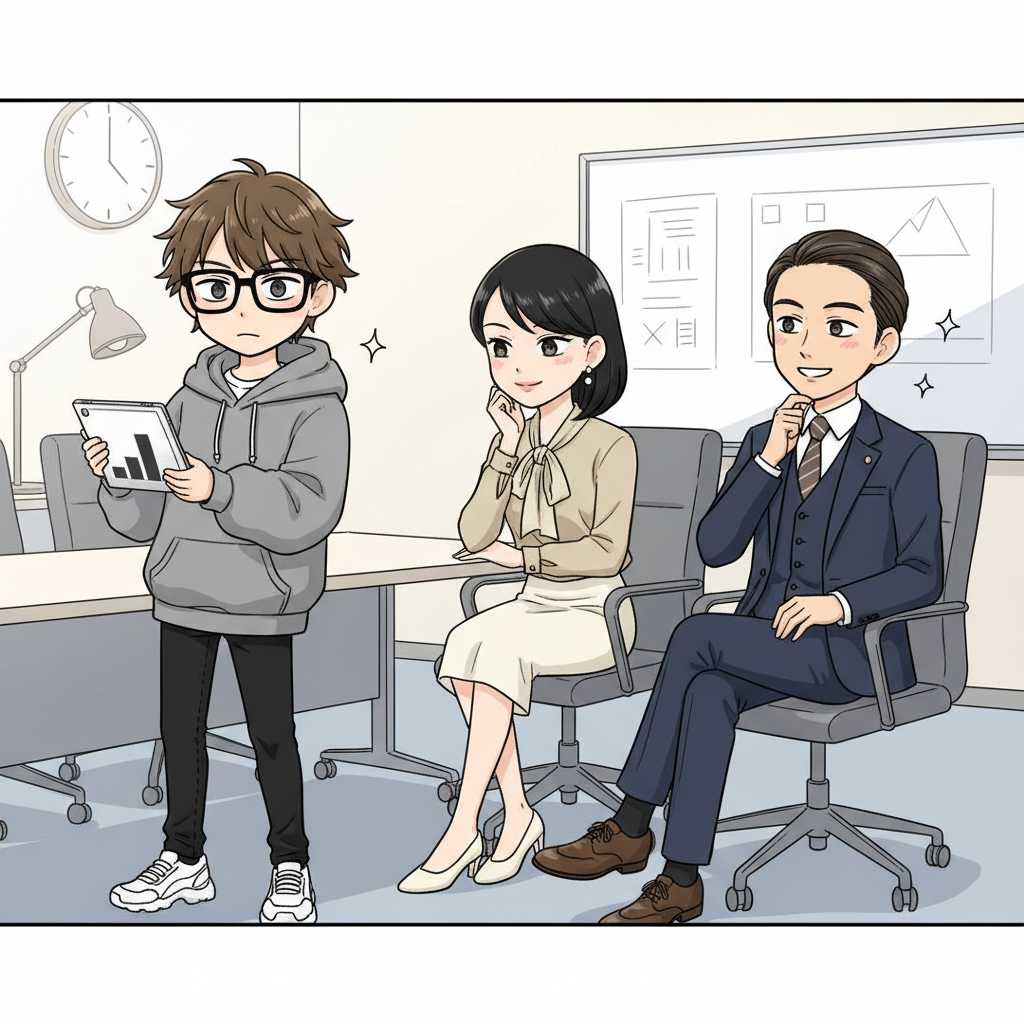 会議室で川口がLoRAコスト試算を披露、大蔵が 