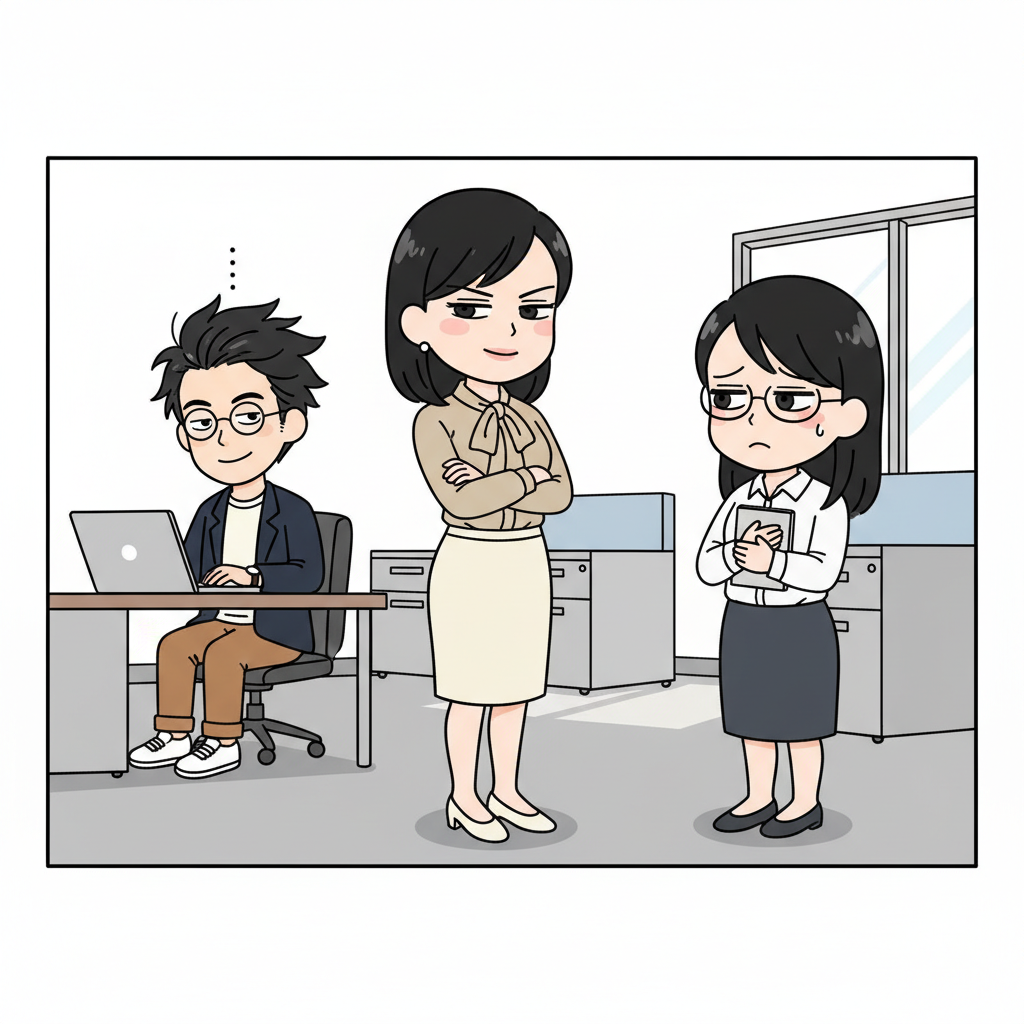 大蔵が新人女性社員に向かって「私の背中を見て覚えなさい」のポーズで腕組み、新人は涙目で手帳を握りしめている。背景はオフィス、横で凡田が苦笑い