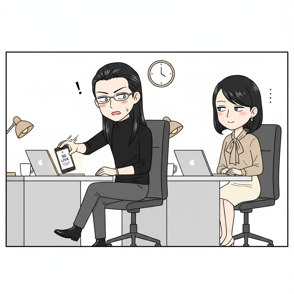 御託がデスクで突然スマホの通知に気づき、画面を慌てて伏せようとしている。大蔵が横目でチラ見、御託は冷や汗1滴。背景はオフィス