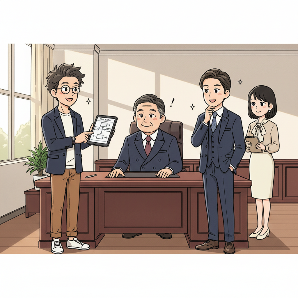 社長室で凡田が「Top-pフィルタを入れましょう」と提案、南雲が前向き、赤崎が 