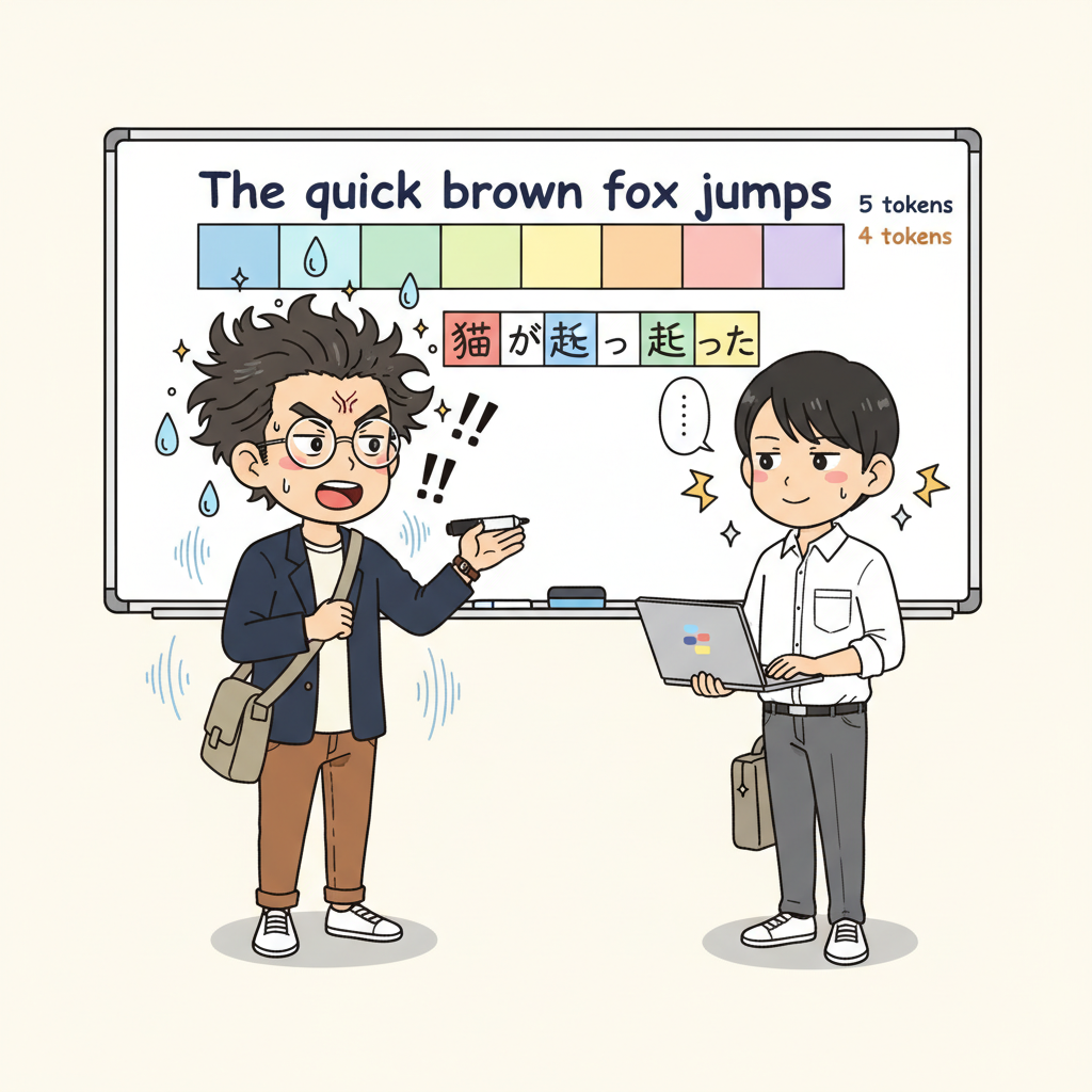 英文と日本語文がトークンに分割される図(5 tokens / 4 tokens)