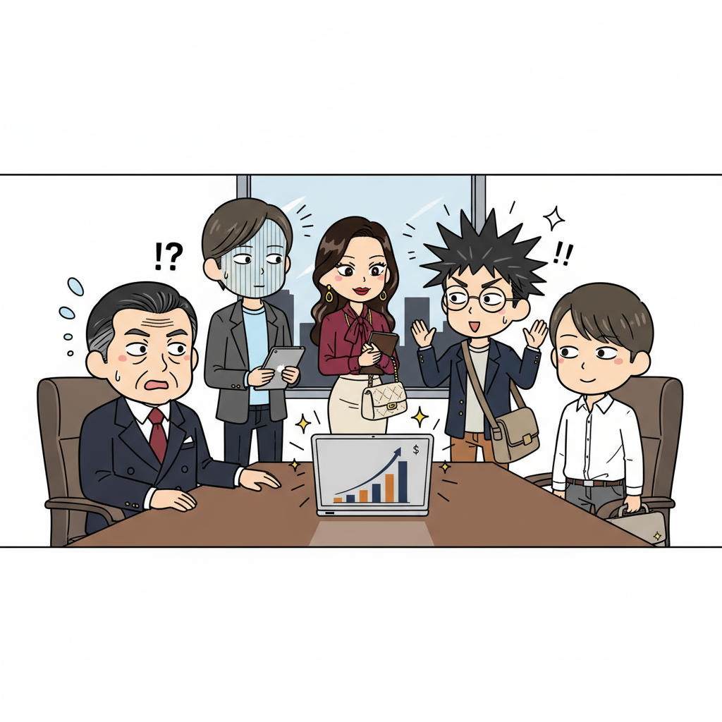 社長室で5人がトークン課金ダッシュボードを見て驚愕するシーン