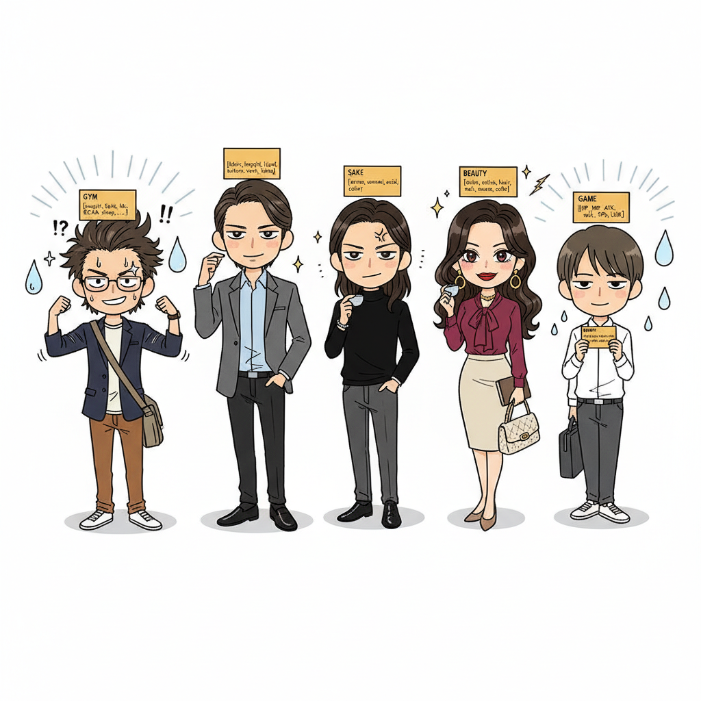 5人がそれぞれ自分の人生ベクトル(GYM/SUIT/SAKE/BEAUTY/GAME)を頭上に掲げる