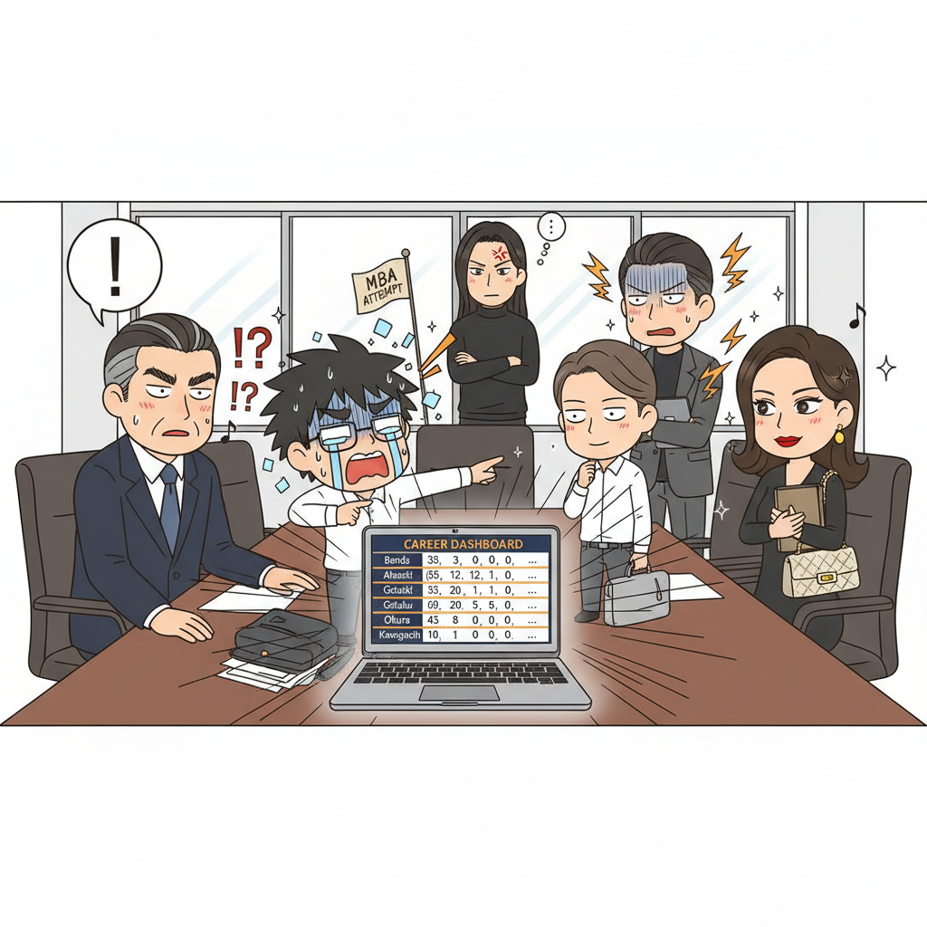 社長室で各人のキャリアベクトルがダッシュボードに並び、6人が反応する