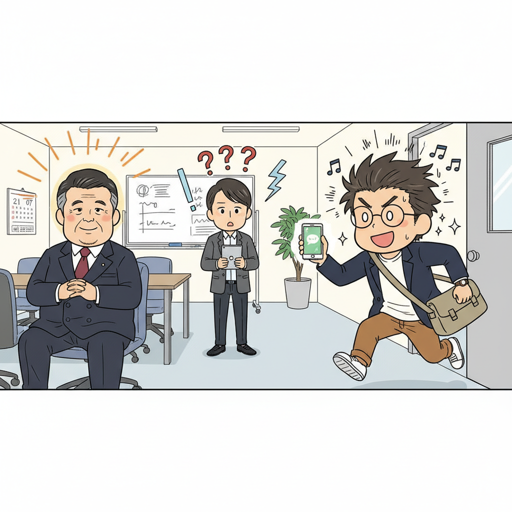 南雲が穏やかに見送り、赤崎が取り残されて呆然、凡田がスマホ持って走り去るシーン