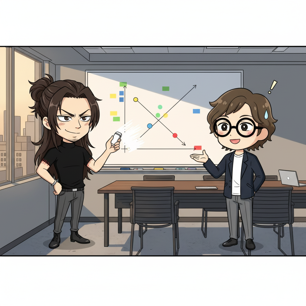 夕方の会議室で、御託がホワイトボードイレーザーを手に2軸マップを眺めながら少し得意げに語り、川口がそれを高次元から翻訳する仕事だと笑顔で相槌を打っている2人の図