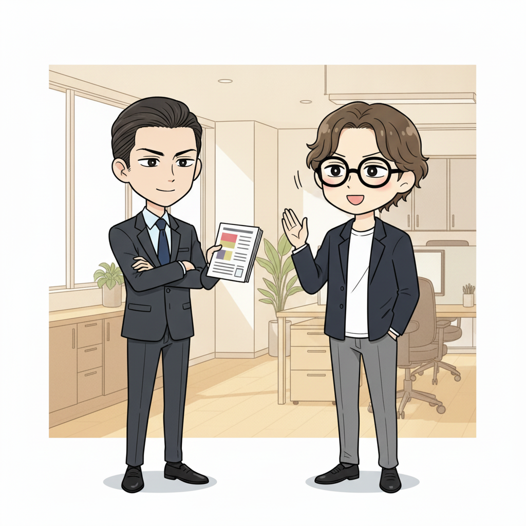 営業フロアの隅で、赤崎が腕を組みながらAIの下書きを一通ずつ自分の目で確認する姿勢を見せ、川口がそれをAIガバナンスの鉄則だとうなずいて説明している2人の図