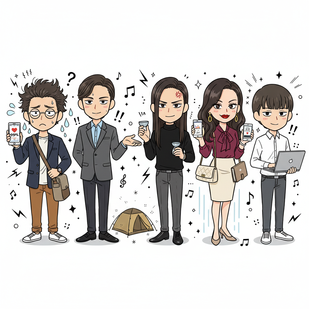 5人それぞれが人生での「波長一致度スコア」体験(マッチング/キャンプ/銘酒/Instagram/ゲーム)