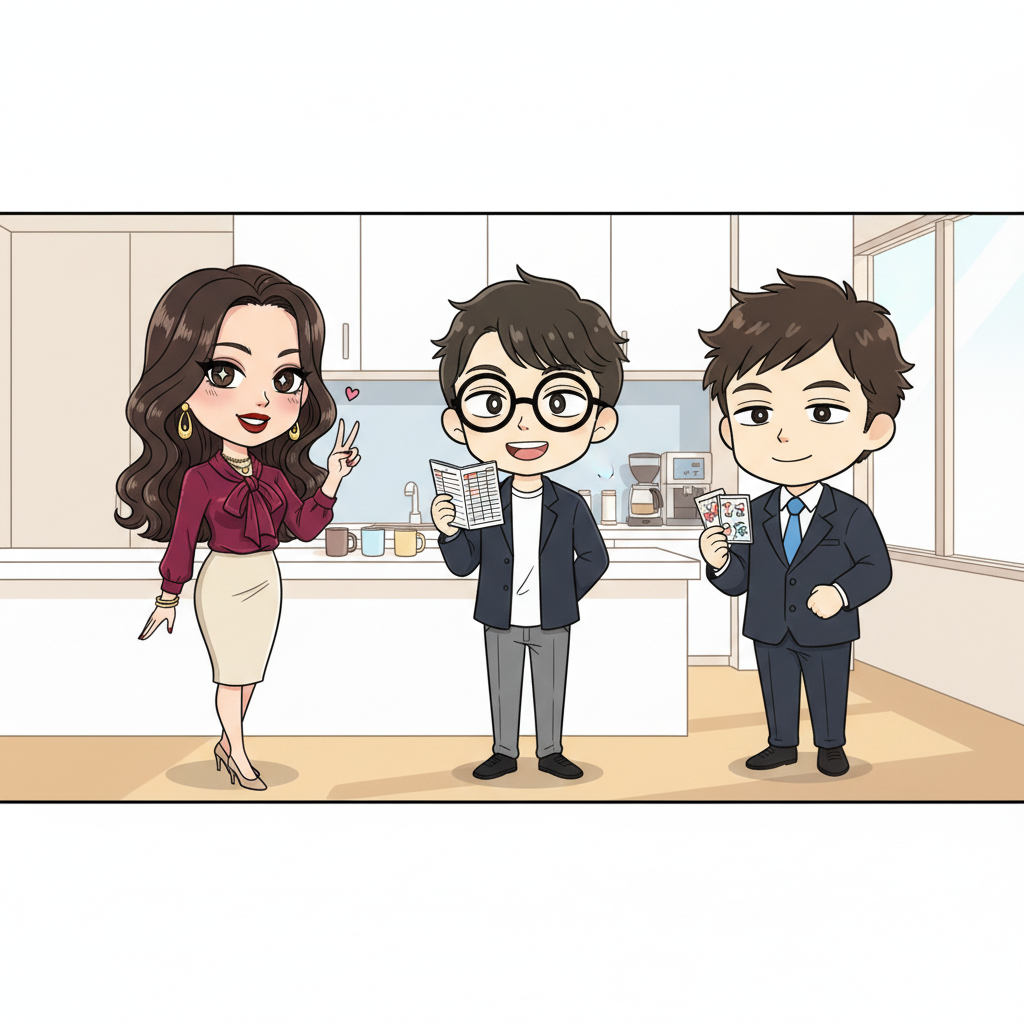 昼の給湯室で、大蔵が接客の順序を指を折って説明し、川口が時刻表を引き合いに早口で位置情報を語り、凡田が絵コンテのカードを手に納得している3人の図