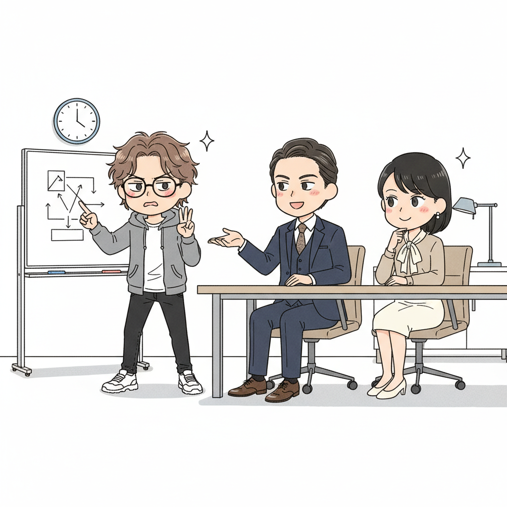 会議室で川口がアテンション3ステップと接客3ステップの対応を解説、赤崎が研修カリキュラム化を提案、大蔵が講師料を即提示