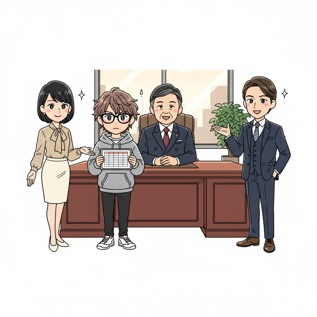 社長室で大蔵が 