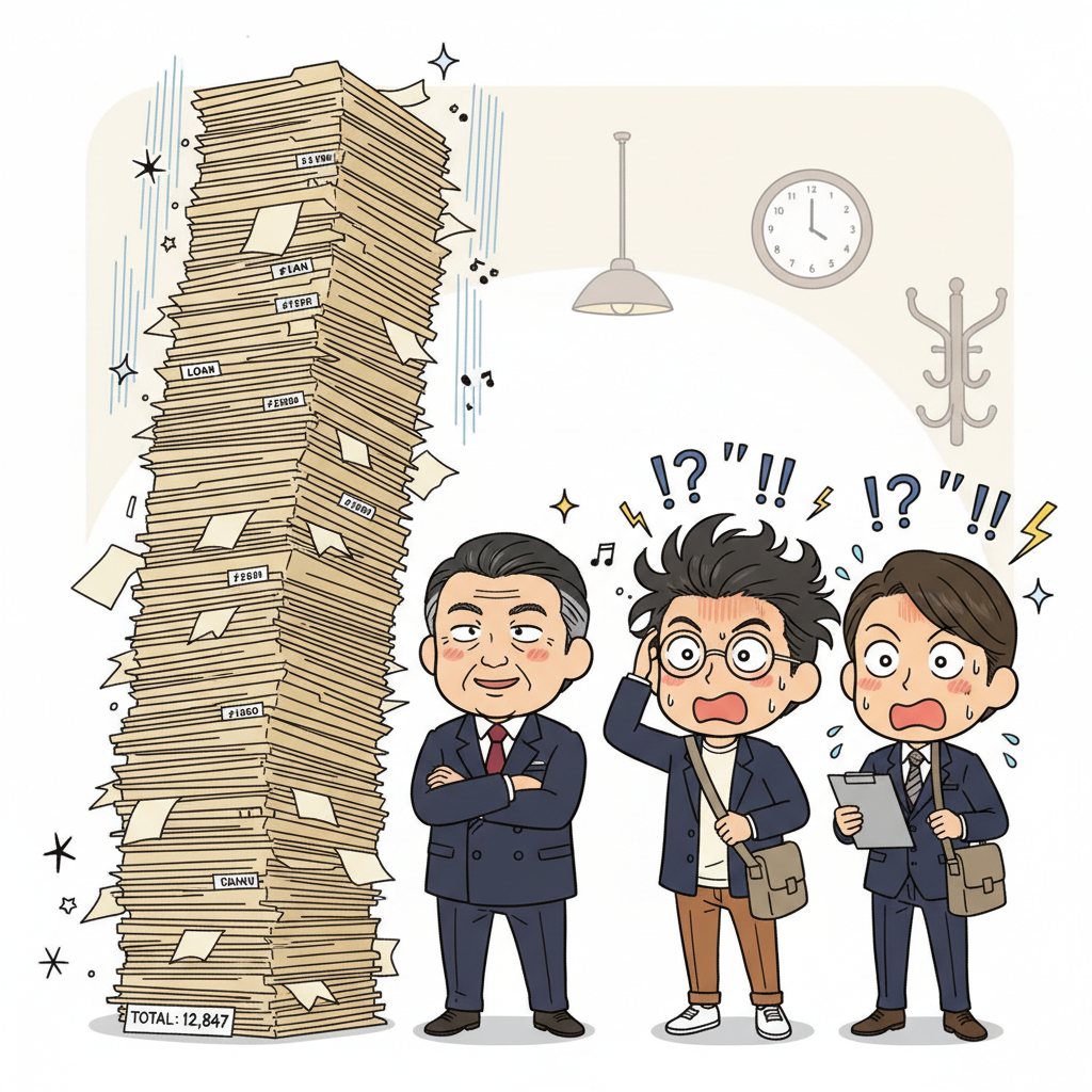 南雲社長が銀行員時代の融資審査ファイル(膨大な量)を懐かしげに見つめ、隣で凡田と赤崎が圧倒されるシーン