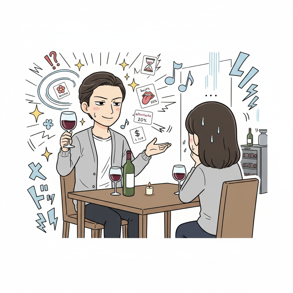 赤崎が自宅でワイングラスを回しながら妻にテイスティング講義、妻は呆れ顔