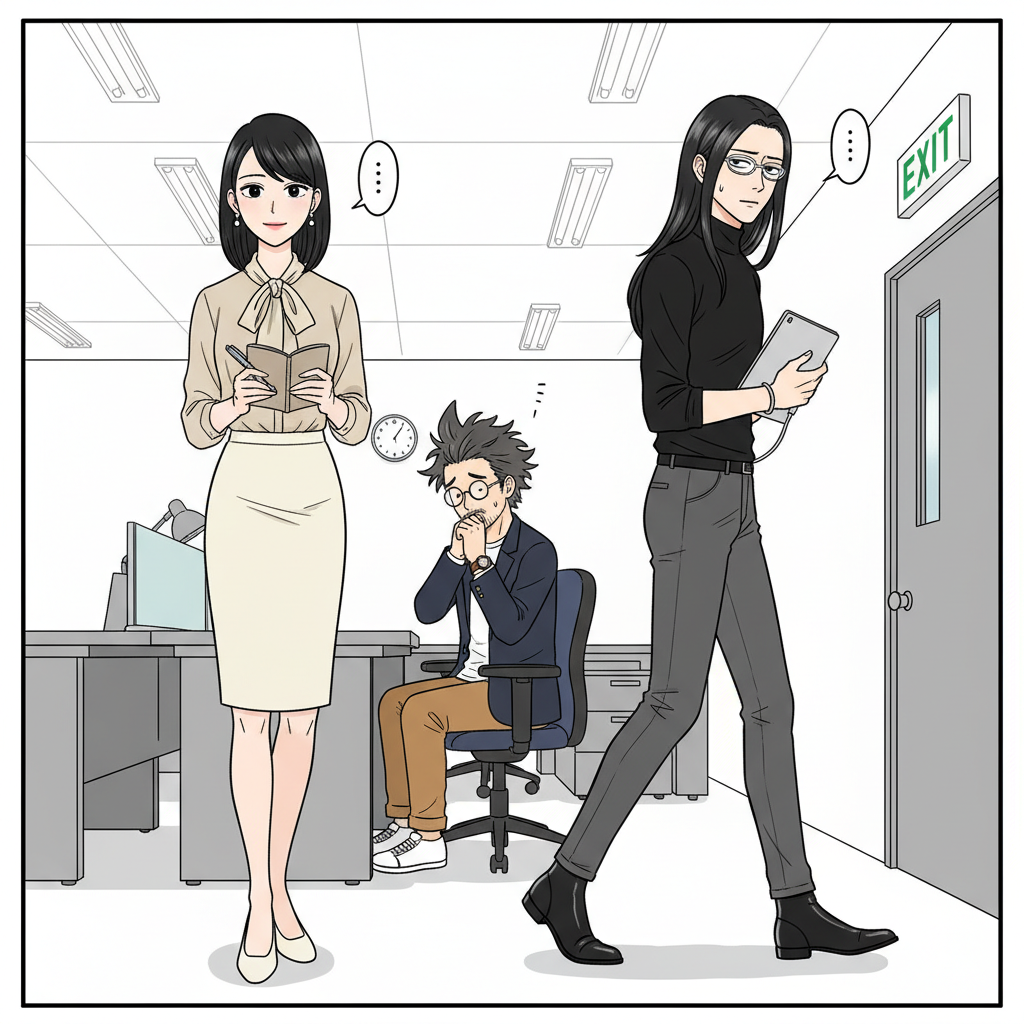 御託がデスクから立ち上がってiPadを抱えてトイレ方向へ逃げる、大蔵が手帳を片手に冷静に見送る、凡田が背景で目を伏せて笑いを堪える