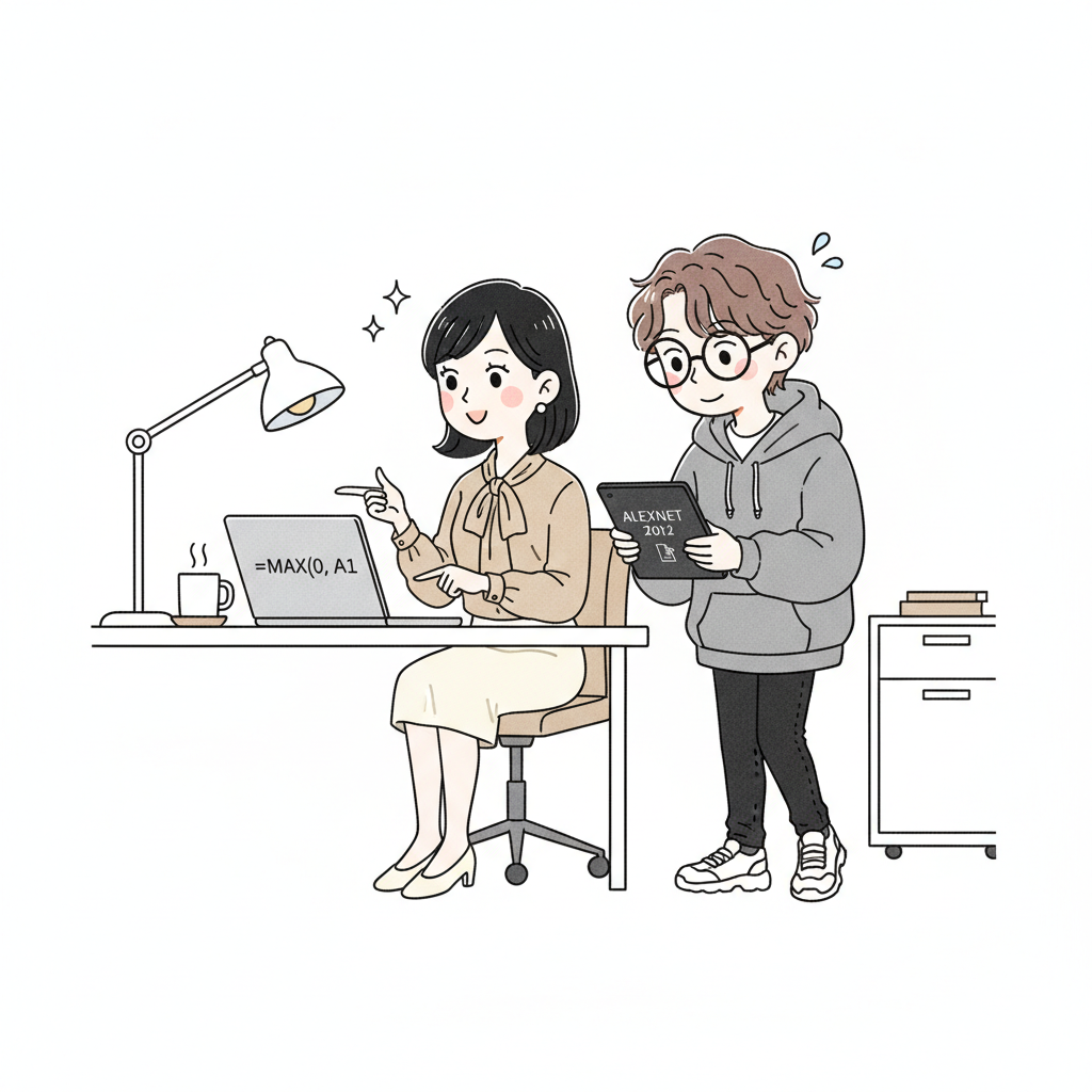大蔵がノートPC画面でExcelの =MAX(0, A1) という数式を誇らしげに指差す。川口が横で論文PDFをタブレットに表示している