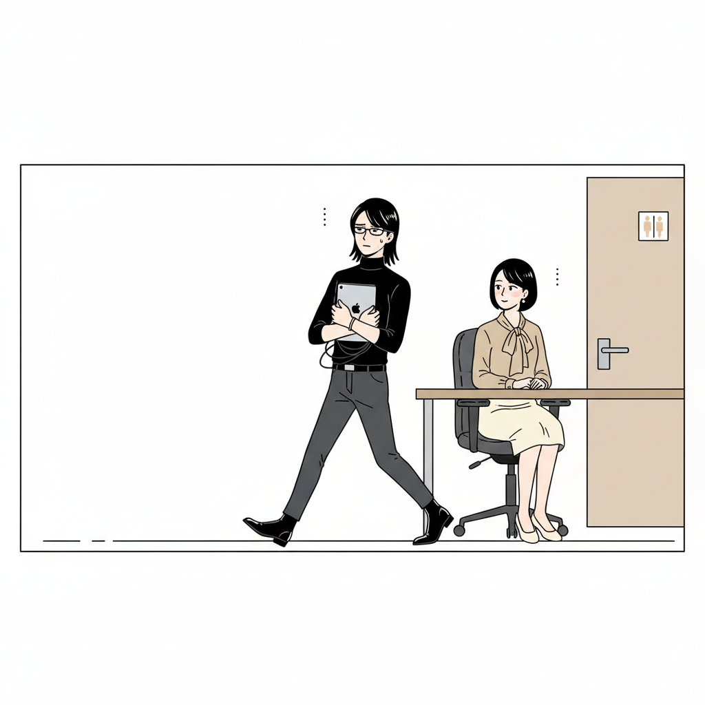 御託がオフィスからiPadと充電器を抱えてトイレに速足で向かおうとしている。大蔵が横目でチラ見しながら穏やかな表情