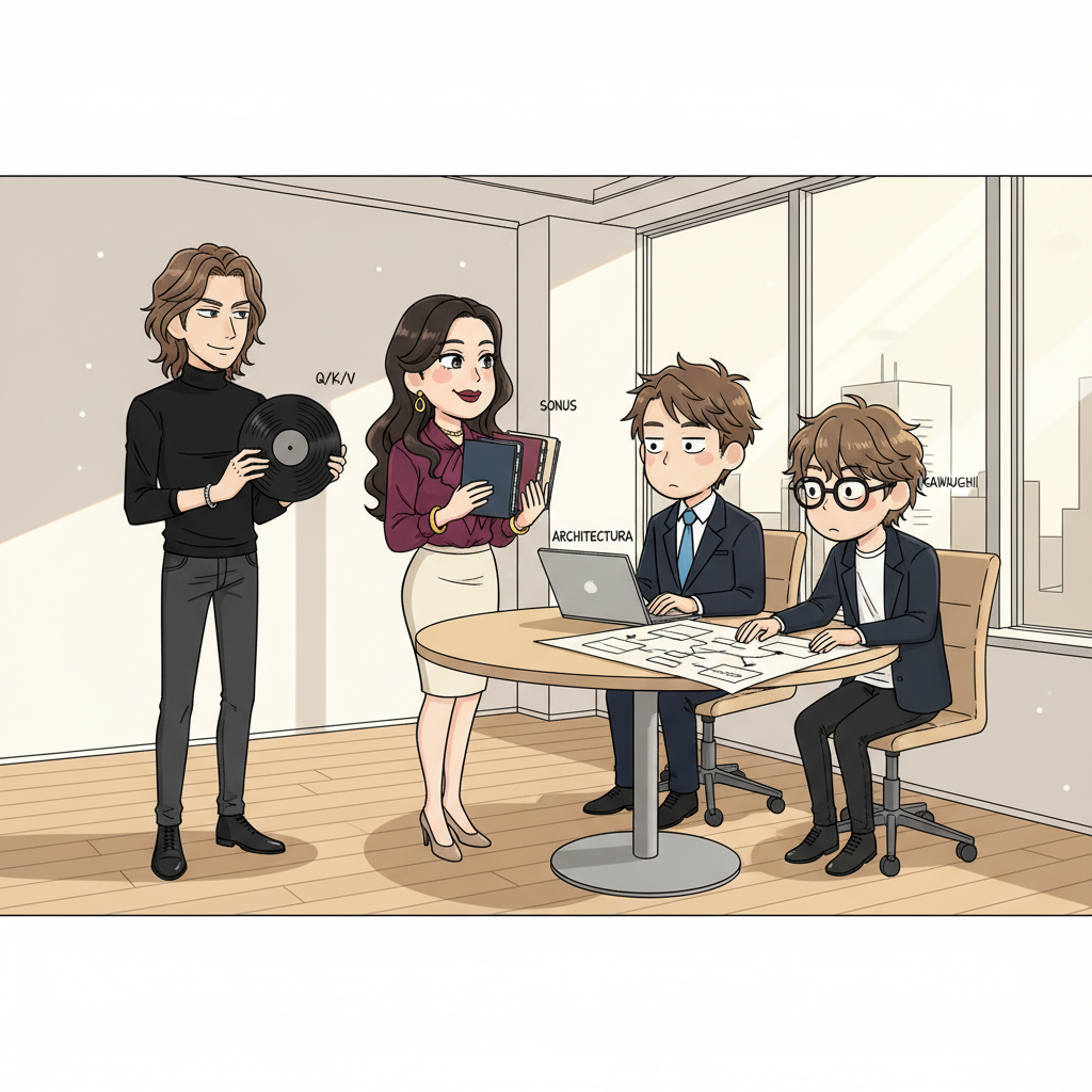 銀座オフィスで大蔵が3冊の台帳を凡田に示し、御託がレコード盤を持ち、川口がレコメンドエンジン設計図を出す4人会議