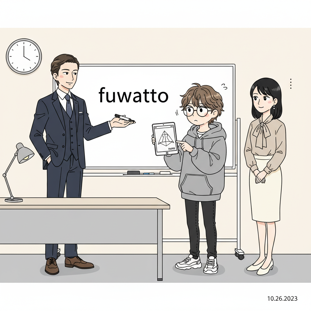 赤崎が会議室のホワイトボードに「ふわっとした方向感」と手書きし、川口が論文タブレットを掲げて指摘、大蔵が冷静に観察
