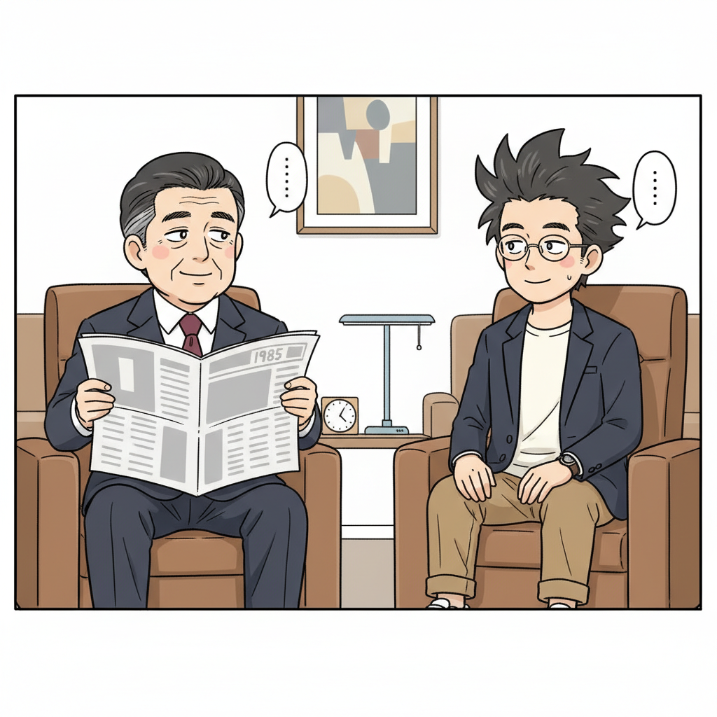 南雲が新聞を片手に銀行員時代の 