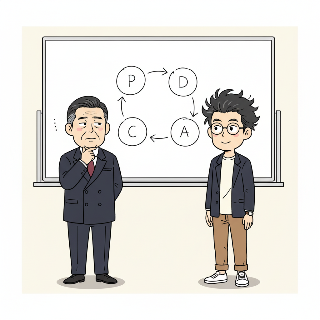 南雲がオフィスでホワイトボードのPDCAサイクル図を見つめながら「局所最適か」と呟いている、凡田が横で頷く