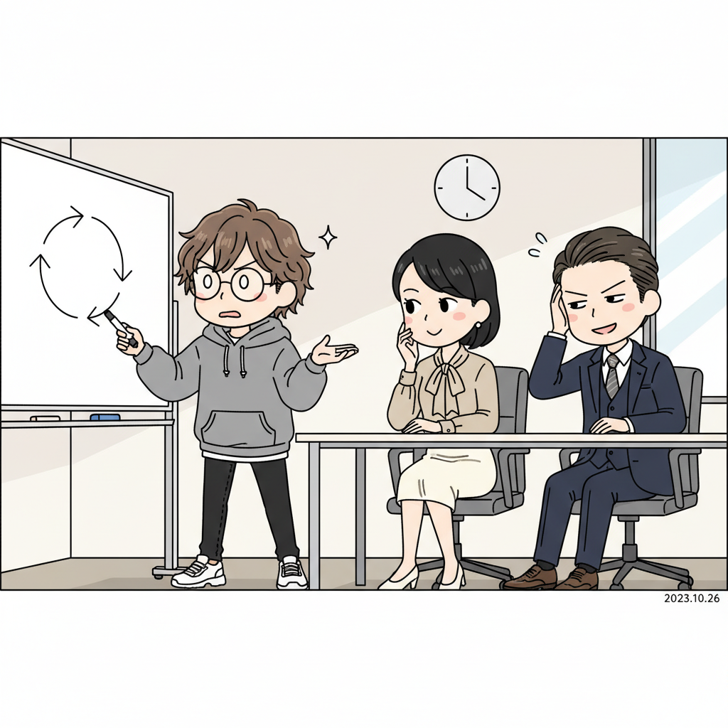 会議室で川口がホワイトボードに自己回帰のループ図を描いて exposure bias を説明、大蔵が冷静に組織論で受ける、赤崎が耳の痛そうな表情