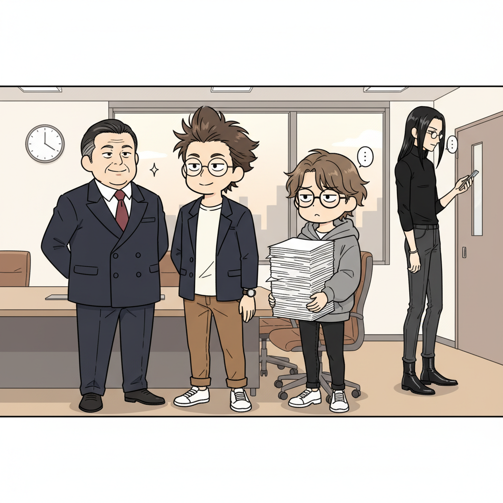 会議室で南雲が「AdamW経営、響きがいい」と満足げ、凡田が頷き、川口がパワポ枚数で内心ため息、御託が背景でスマホを伏せる