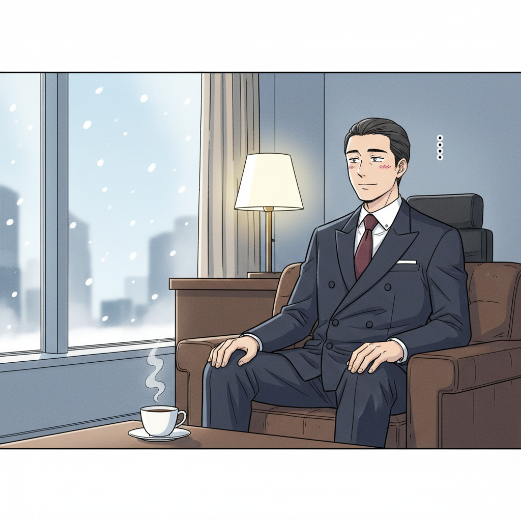 社長室で南雲がソファに座って一人 深く考え込む、窓の外は雪、テーブルに温かいコーヒー