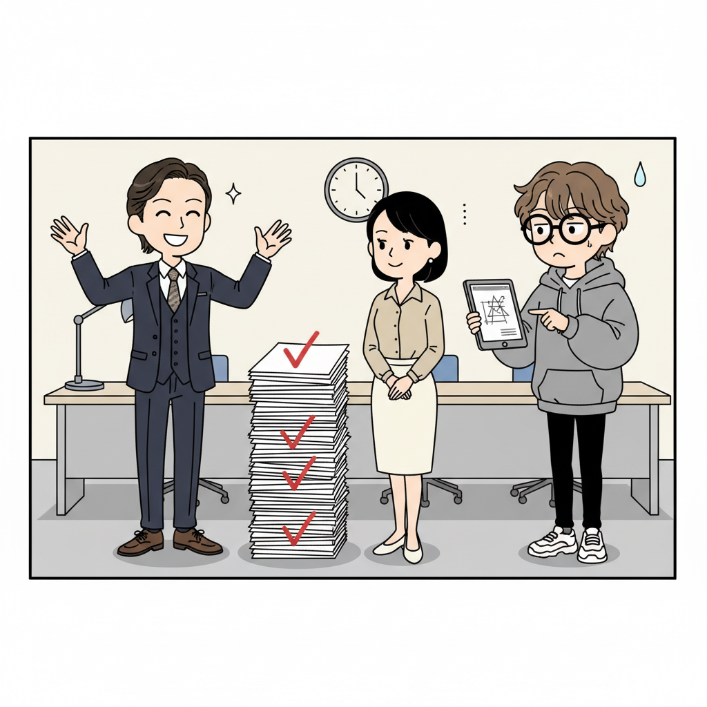 会議室で赤崎が満面の笑みで提案資料を全部 