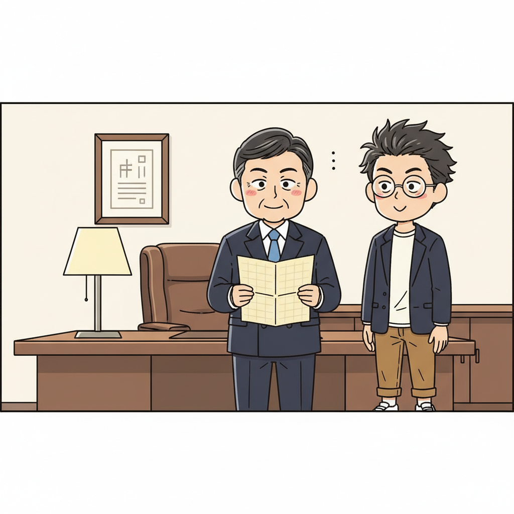 役員室で南雲が古い銀行員時代の支店比較表を懐かしげに見つめ、凡田が頷きながら隣で立つ、温かい照明