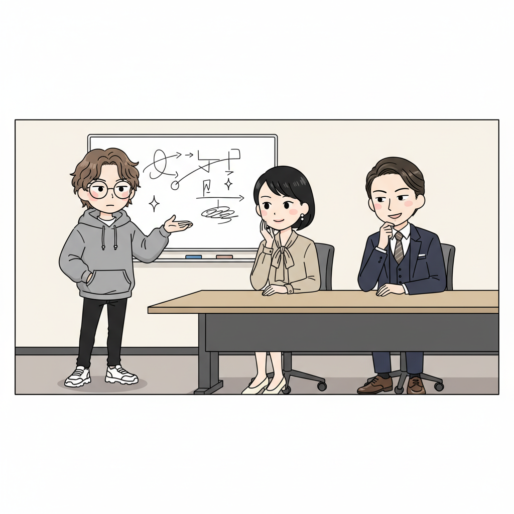 会議室で川口がレコード針=RNNアナロジーを補足、大蔵が銀座カフェ接客レイヤー=LSTM自慢、赤崎がふわっと方向感で受ける