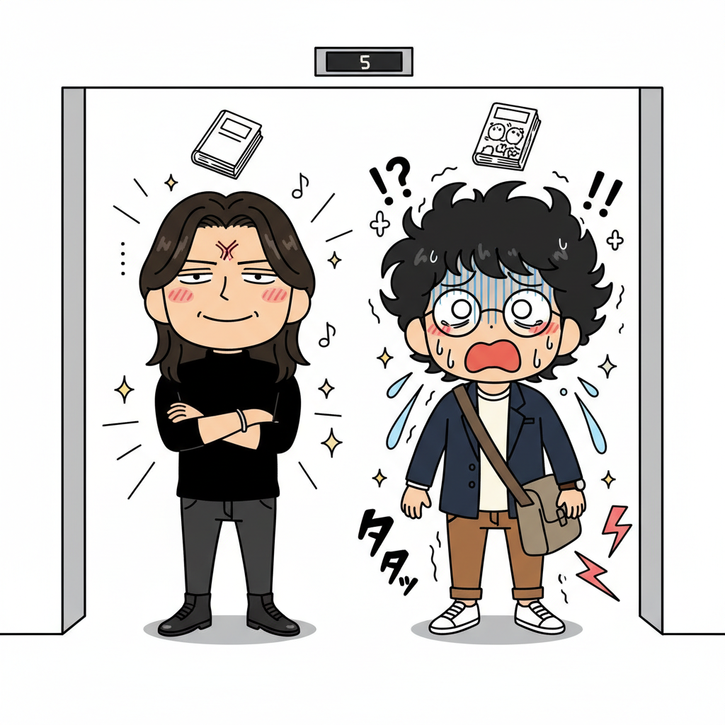 エレベーター内、御託が哲学書、凡田がタラレバ娘を頭上に持つ対比