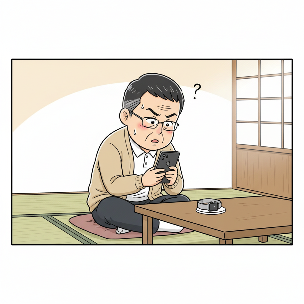 座卓でiPhoneとApple Watchを前に、南雲が老眼鏡をかけ直して画面を凝視、汗が一滴