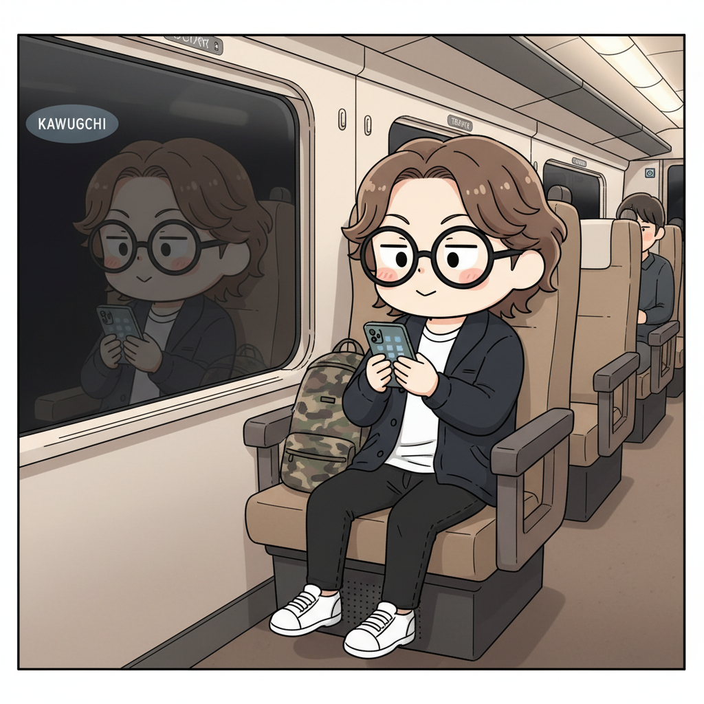 夜の特急車内、川口が窓側席で iPhone を手にしながらSlackを開くか迷っている、車窓は暗い