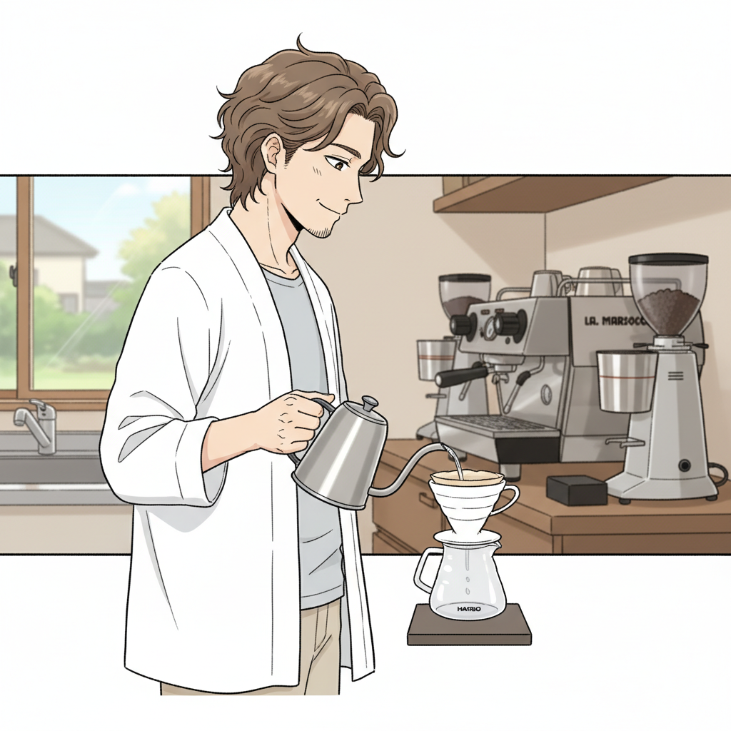赤崎が満足げにHARIO V60で湯を注ぐ、背景に高級エスプレッソマシンとグラインダー2台が並ぶ、対比