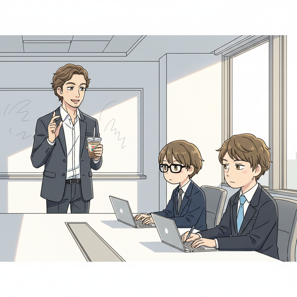 月曜朝の会議室で赤崎がコンビニアイスコーヒーを片手に 