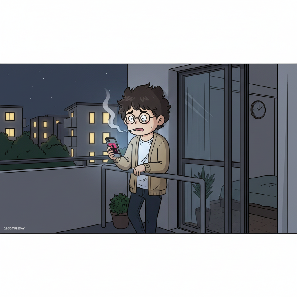深夜のベランダで凡田が一人、アイコスを吸いながらスマホで韓ドラの続きを見る、画面の光が顔を青く照らす