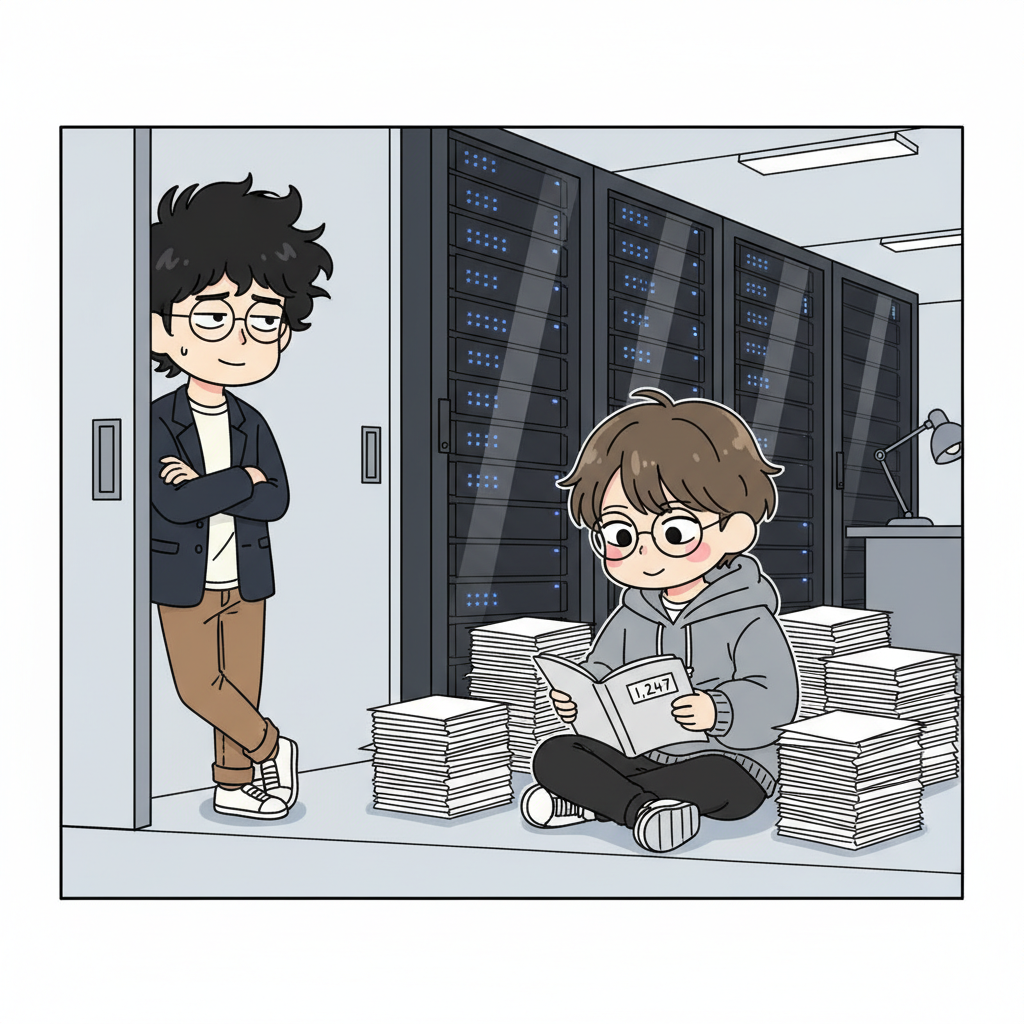 川口がサーバールームで論文1247本に囲まれて誇らしげ、凡田がドアを開けて立ち尽くす